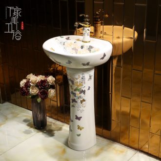 Ceramic basin of pillar type lavatory basin sink pillar integrated vertical column basin home floor small yellow flowers