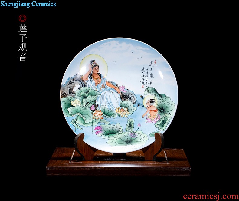 Jingdezhen ceramics furnishing articles hand-painted kuan Yin hang dish Chinese style household living room TV cabinet decoration plate