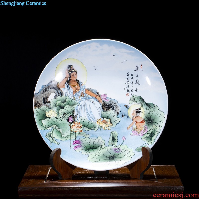 Jingdezhen ceramics furnishing articles hand-painted kuan Yin hang dish Chinese style household living room TV cabinet decoration plate