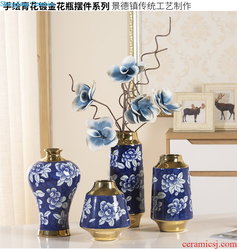 Jingdezhen ceramic Mediterranean style blues blue vase three-piece sitting room is contracted flower adornment furnishing articles