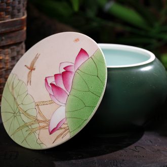 Nine domain Jingdezhen glaze thick large tea pot Hand-painted caddy tea cake box of green glaze caddy