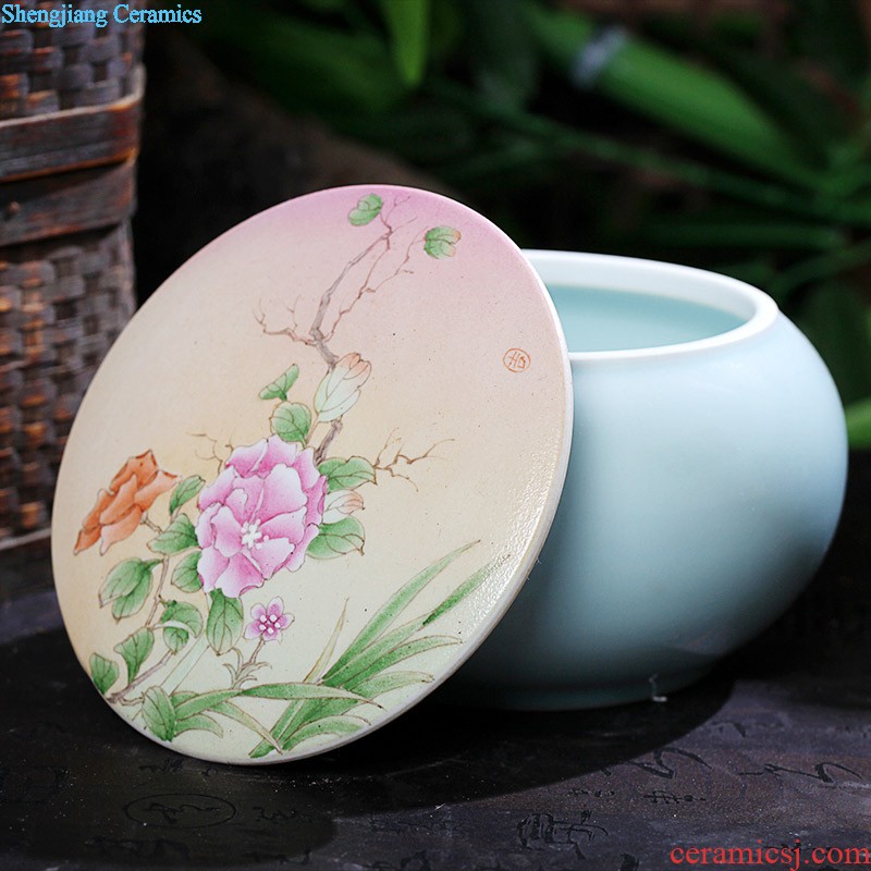 Nine domain Jingdezhen hand-painted pu 'er tea cans ceramic tea cake box of hand-painted flowers and plants tea pot