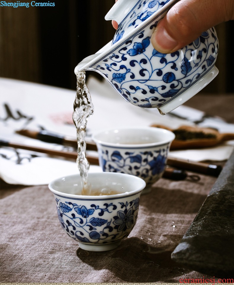 Blue and white porcelain of jingdezhen ceramic tea set nine domain 8 head tea set suits Chinese hand-painted teacup under the glaze of a complete set of the teapot