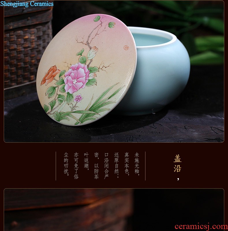 Nine domain Jingdezhen hand-painted pu 'er tea cans ceramic tea cake box of hand-painted flowers and plants tea pot