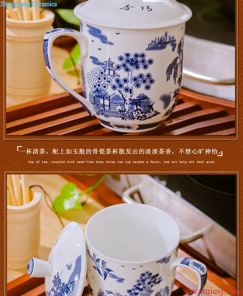 Jingdezhen tea set 6 head hand-painted grilled blue flowers kung fu tea tureen ceramics High grade four of a complete set of oneness