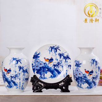 Flow of jingdezhen ceramics glaze vase three-piece suit of new Chinese style living room furnishing articles wine handicraft decorative household items