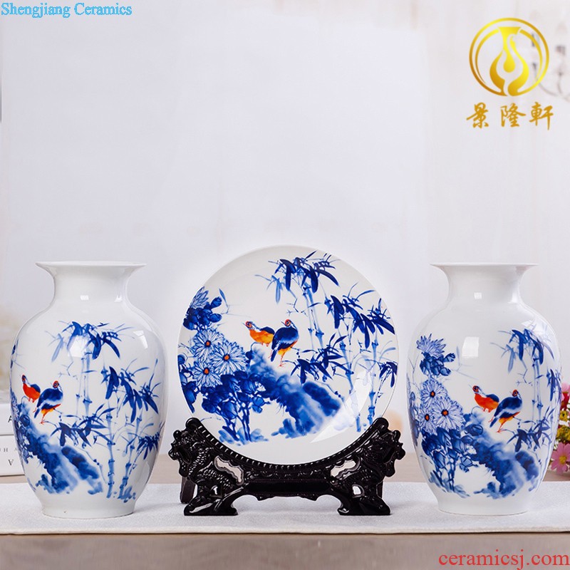 Flow of jingdezhen ceramics glaze vase three-piece suit of new Chinese style living room furnishing articles wine handicraft decorative household items