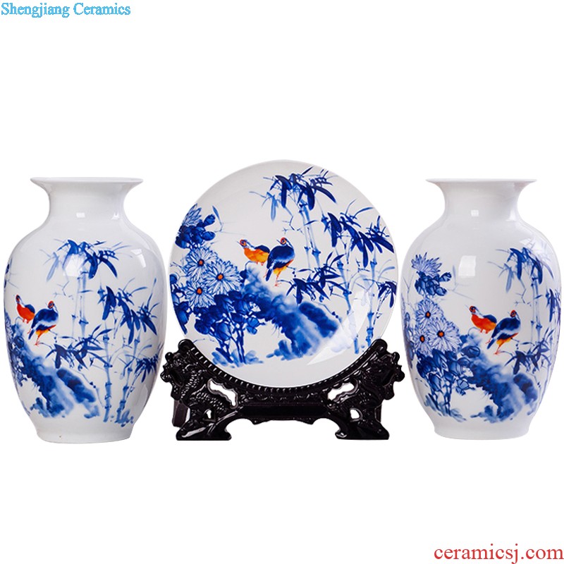 Flow of jingdezhen ceramics glaze vase three-piece suit of new Chinese style living room furnishing articles wine handicraft decorative household items