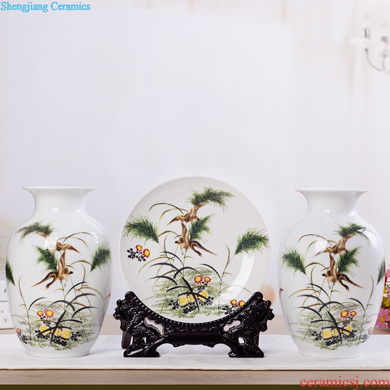 Flow of jingdezhen ceramics glaze vase three-piece suit of new Chinese style living room furnishing articles wine handicraft decorative household items