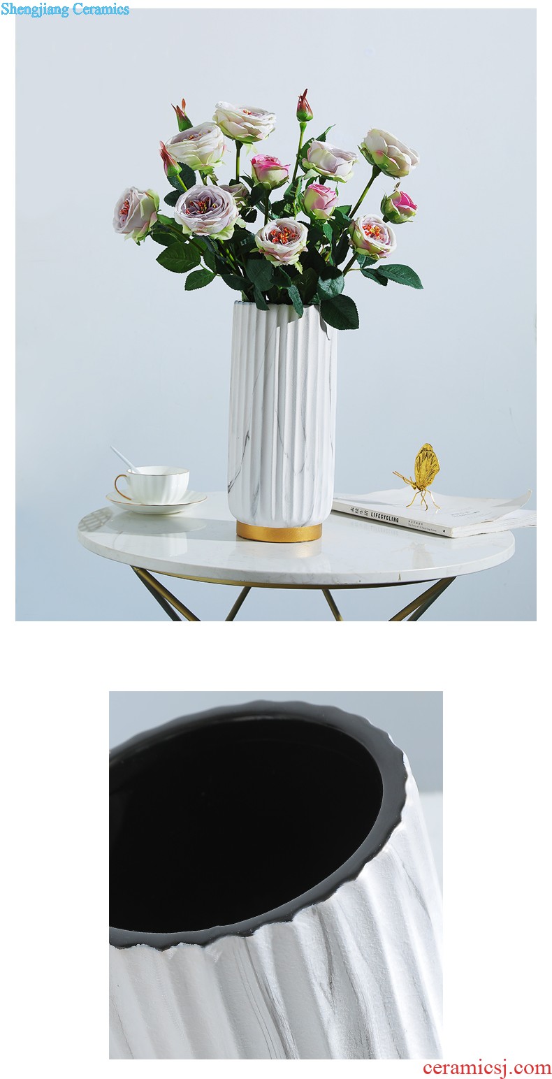 Northern Europe is contemporary and contracted marble grain phnom penh is vertical grain straight cylinder vase places a sitting room to arrange adornment of flower of adornment places a marble grain phnom penh is vertical grain straight cylinder vase北欧现代简约大理石纹金边竖纹直筒花瓶摆件客厅插花装饰品摆件 大理石纹金边竖纹直筒花瓶