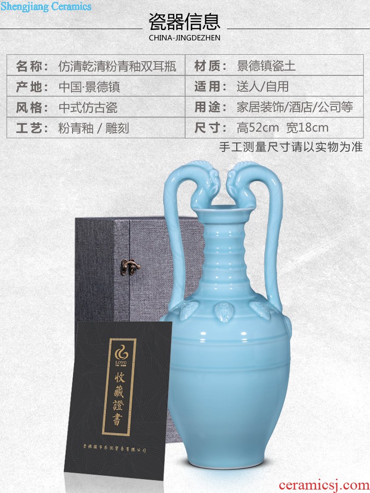 Jingdezhen ceramics vase furnishing articles imitation qing qianlong powder blue glaze double ears Chinese style household decorative arts and crafts