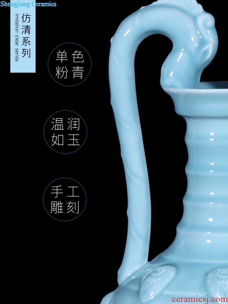 Jingdezhen ceramics vase furnishing articles imitation qing qianlong powder blue glaze double ears Chinese style household decorative arts and crafts