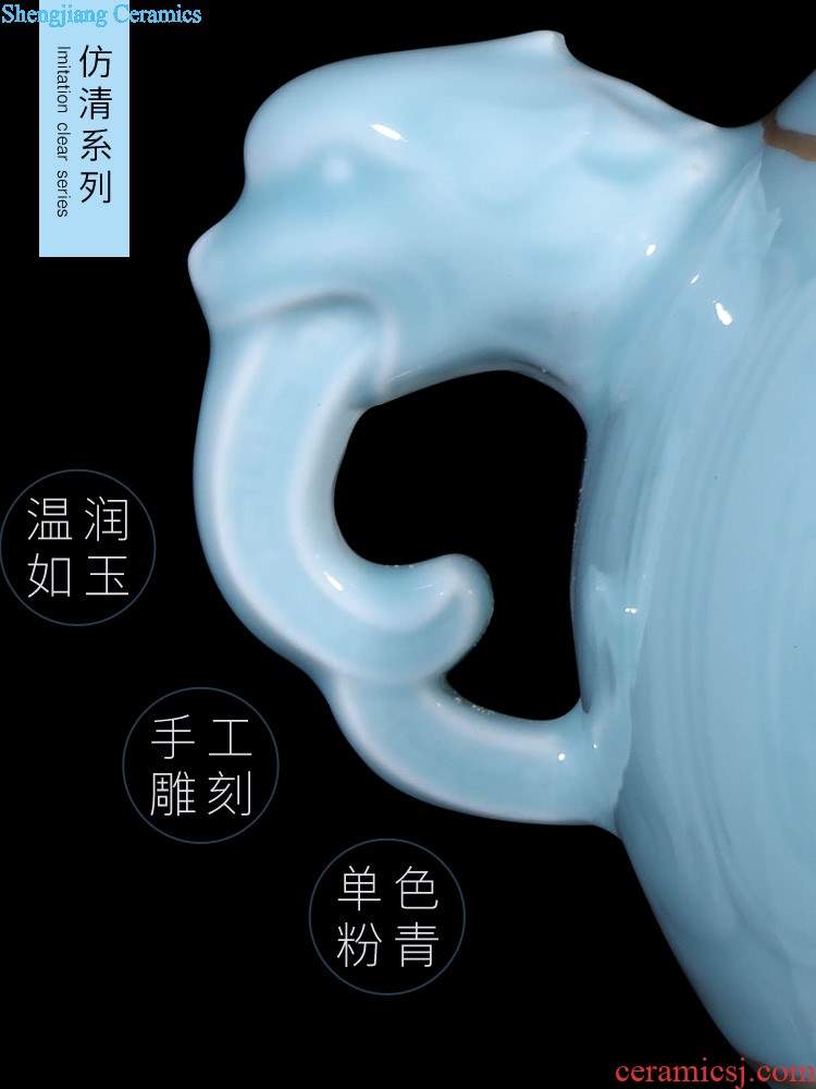 Jingdezhen ceramics storage tank imitation qing qianlong pastel blue general scramble for flower binaural pot of tea cans accessories