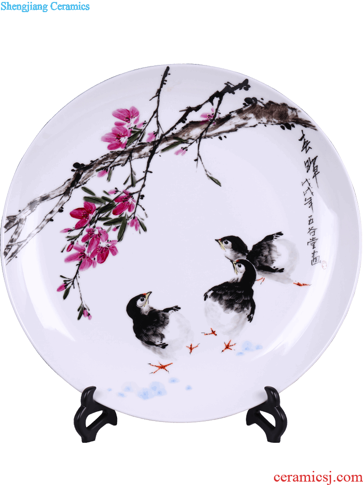 Jingdezhen ceramics hand-painted sit lotus flower decoration hanging dish plate Home sitting room porch decoration arts and crafts