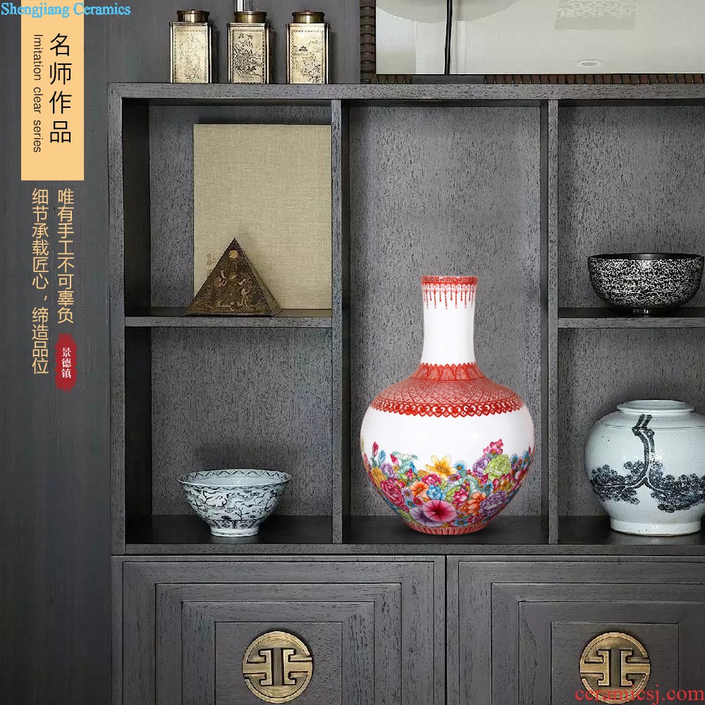 Archaize of jingdezhen ceramic vase grilled pastel flowers double ears sitting room of Chinese style household handicraft furnishing articles