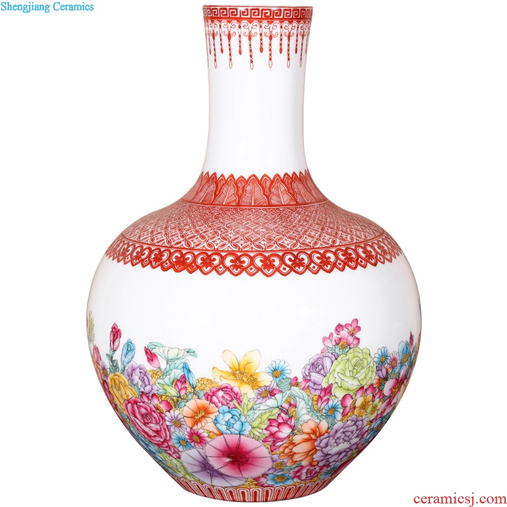 Archaize of jingdezhen ceramic vase grilled pastel flowers double ears sitting room of Chinese style household handicraft furnishing articles