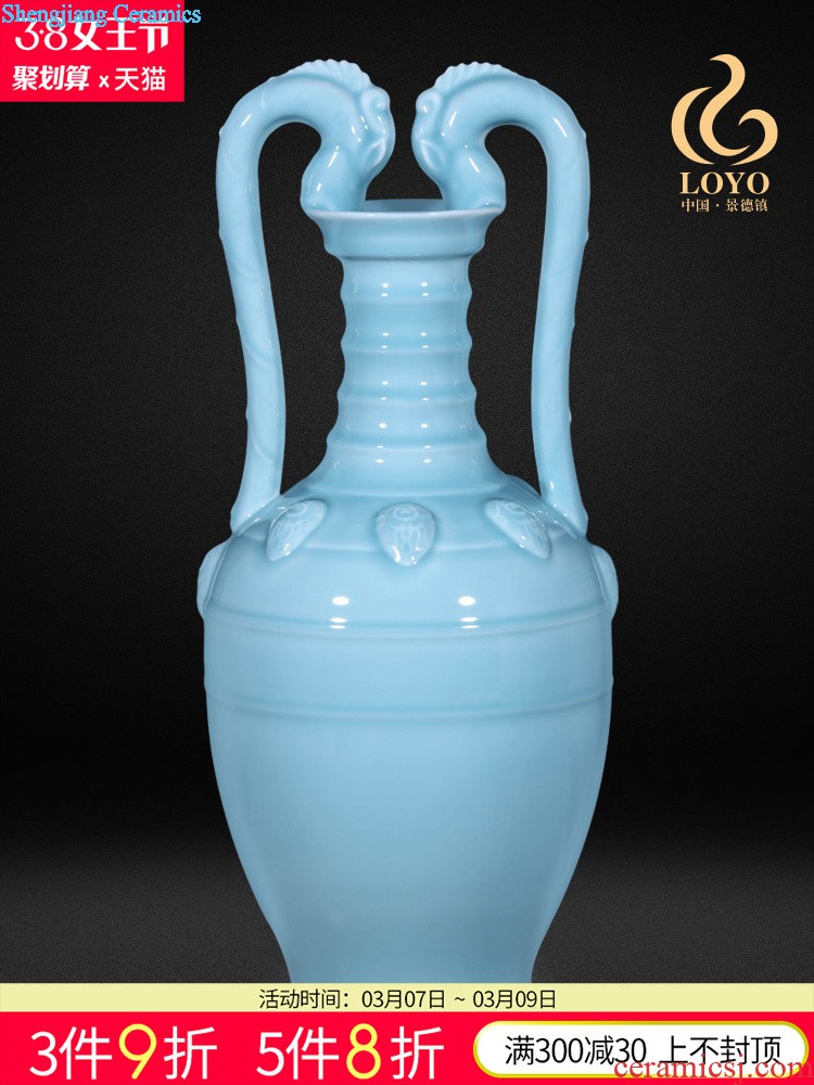 Jingdezhen ceramics vase furnishing articles imitation qing qianlong powder blue glaze double ears Chinese style household decorative arts and crafts