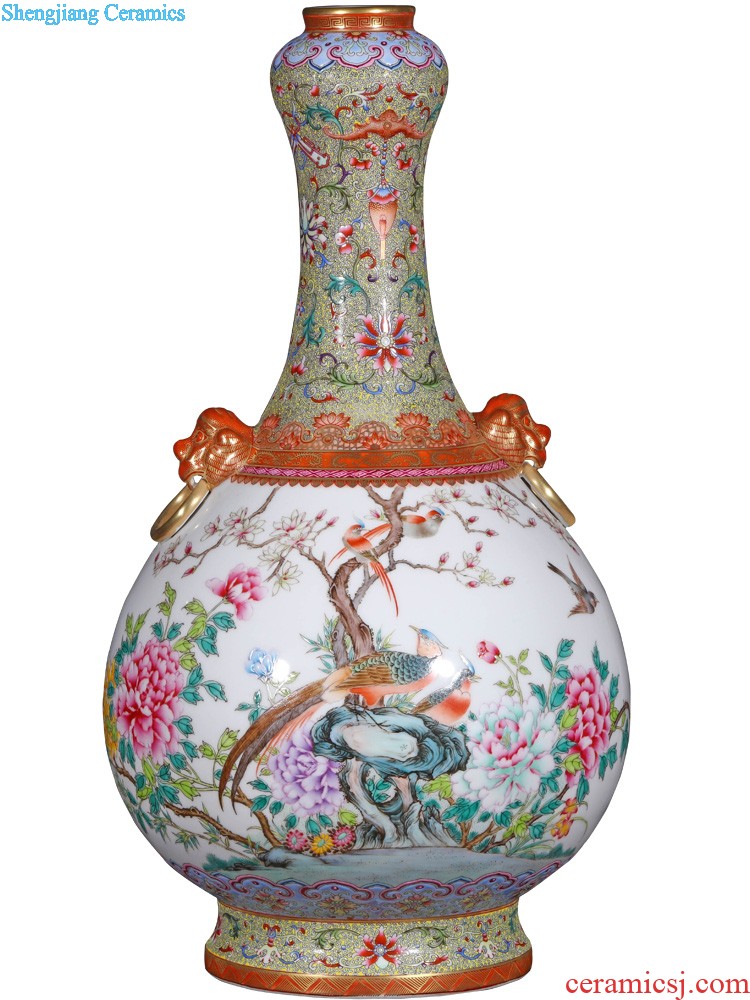 Jingdezhen ceramics vase imitation qing qianlong heavy pastel Wan Shoushuang ears Chinese style club sitting room adornment