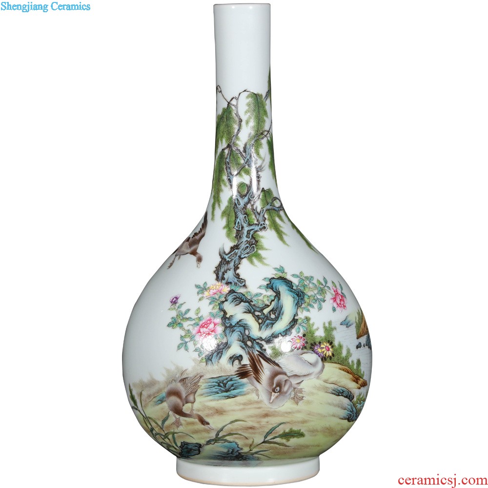 Jingdezhen ceramics imitation qing yongzheng colored enamel peacock willow bottles of Chinese vase trumpet rich ancient frame ornaments