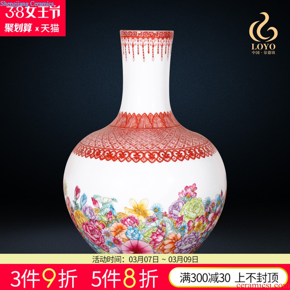 Archaize of jingdezhen ceramic vase grilled pastel flowers double ears sitting room of Chinese style household handicraft furnishing articles