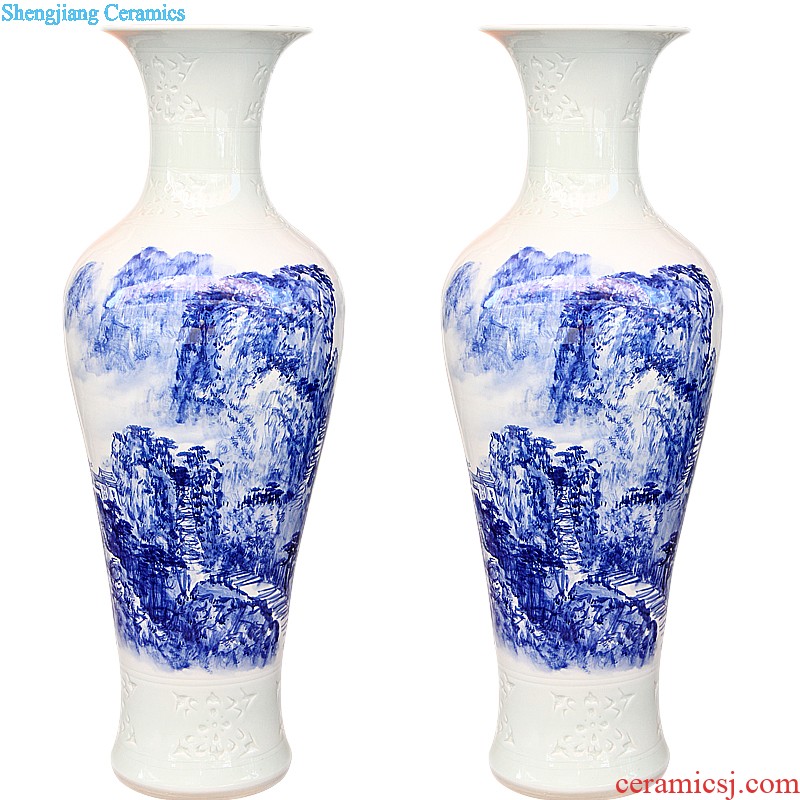 E189 jingdezhen ceramic handmade painting on blue and white glaze of large vases, blooming flowers sitting room adornment is placed