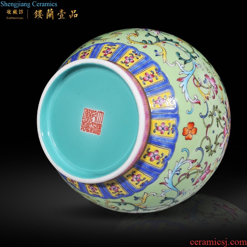 Imperial kiln jingdezhen ceramic imitation qing qianlong pastel green space around flowers happy character lines cover pot sitting room adornment is placed