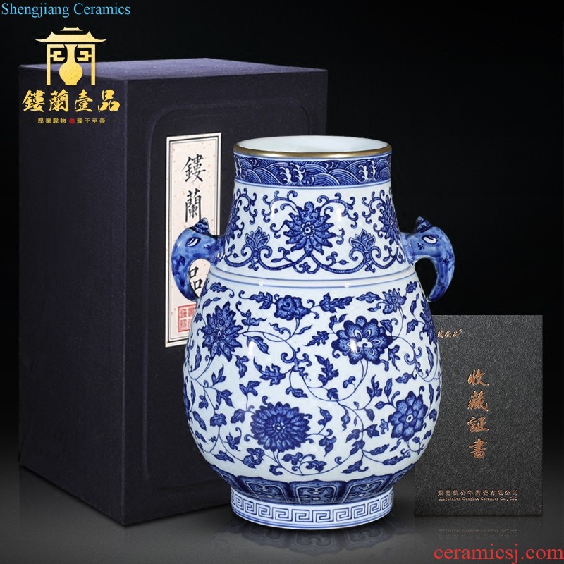 Jingdezhen ceramics imitation of yuan blue and white characters war large storage tank cover home sitting room adornment porcelain collection furnishing articles