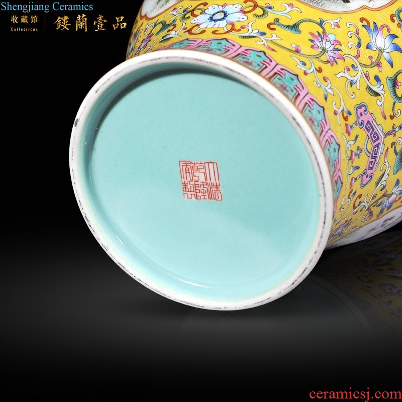 Jingdezhen imperial kiln chinaware imitation qianlong pastel flowers yellow around the eight immortals lines like ear cover pot sitting room adornment is placed