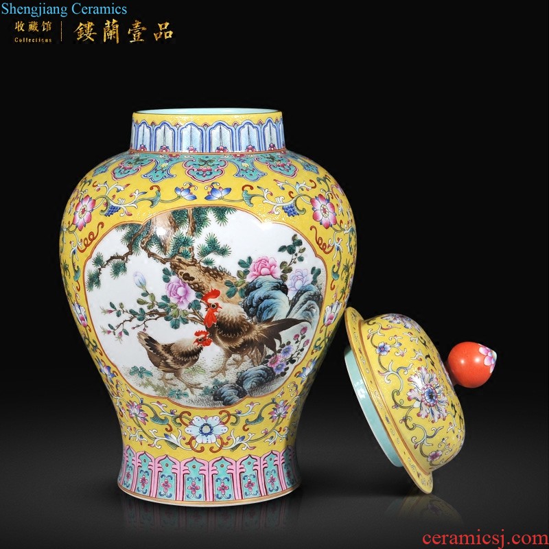 Jingdezhen imperial kiln chinaware imitation qianlong pastel flowers yellow around the eight immortals lines like ear cover pot sitting room adornment is placed