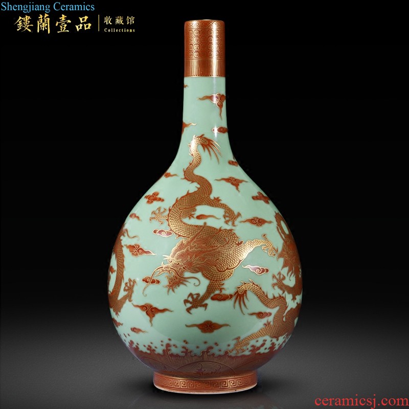 Jingdezhen ceramics imitation qing qianlong pea green paint dragon gall bladder vases, new Chinese style household adornment sitting room