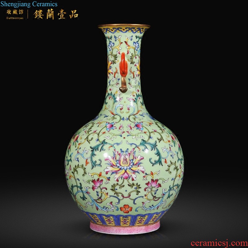 Imperial kiln jingdezhen ceramic imitation qing qianlong pastel green space around flowers happy character lines cover pot sitting room adornment is placed