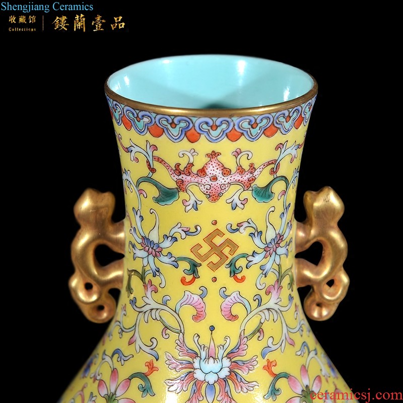 Jingdezhen ceramic imitation qing qianlong emperor kiln enamel around flowers hollow out grain double phoenix grain vase sitting room adornment is placed