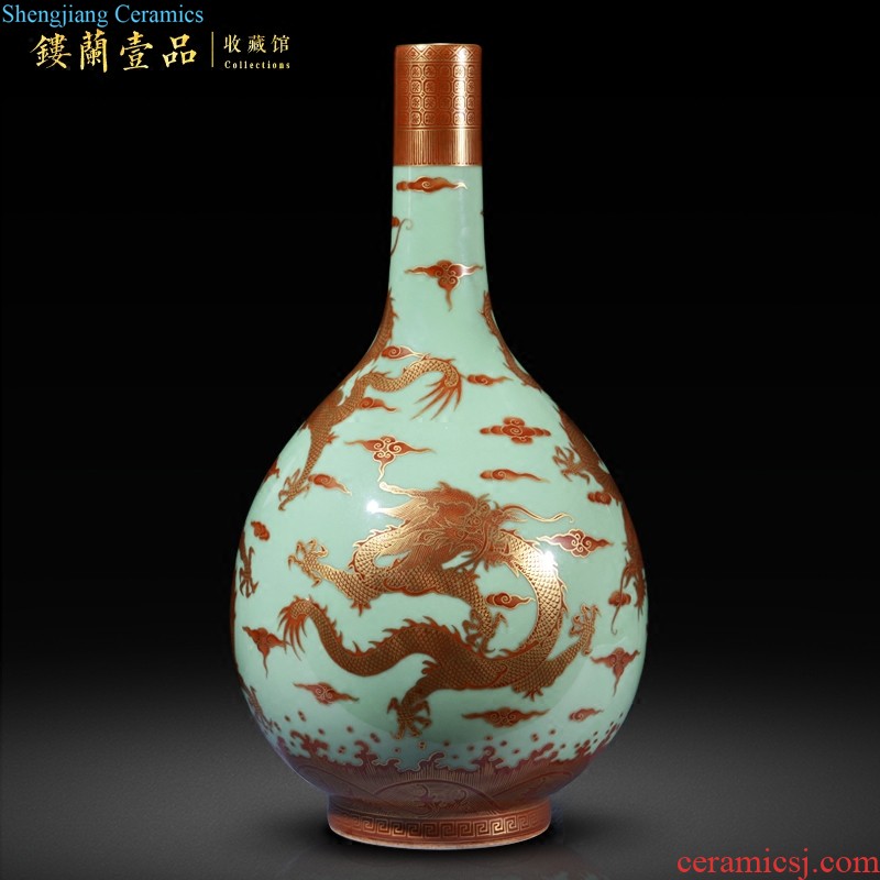 Jingdezhen ceramics imitation qing qianlong pea green paint dragon gall bladder vases, new Chinese style household adornment sitting room