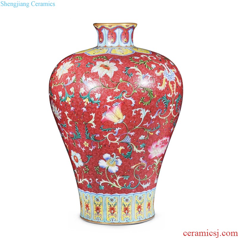 Jingdezhen ceramics Imitation qing qianlong pastel gathers up the flower flowers and butterflies grain mei bottle Home furnishing articles collection