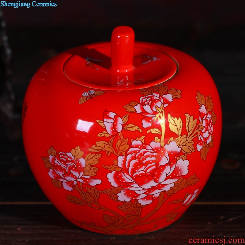 Jingdezhen ceramic pot red Chinese auspicious peony apple storage tank wedding gift sitting room adornment is placed