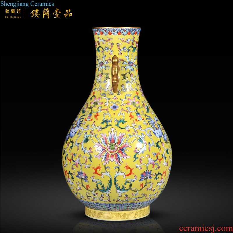 Jingdezhen ceramic imitation qing qianlong emperor kiln enamel around flowers hollow out grain double phoenix grain vase sitting room adornment is placed