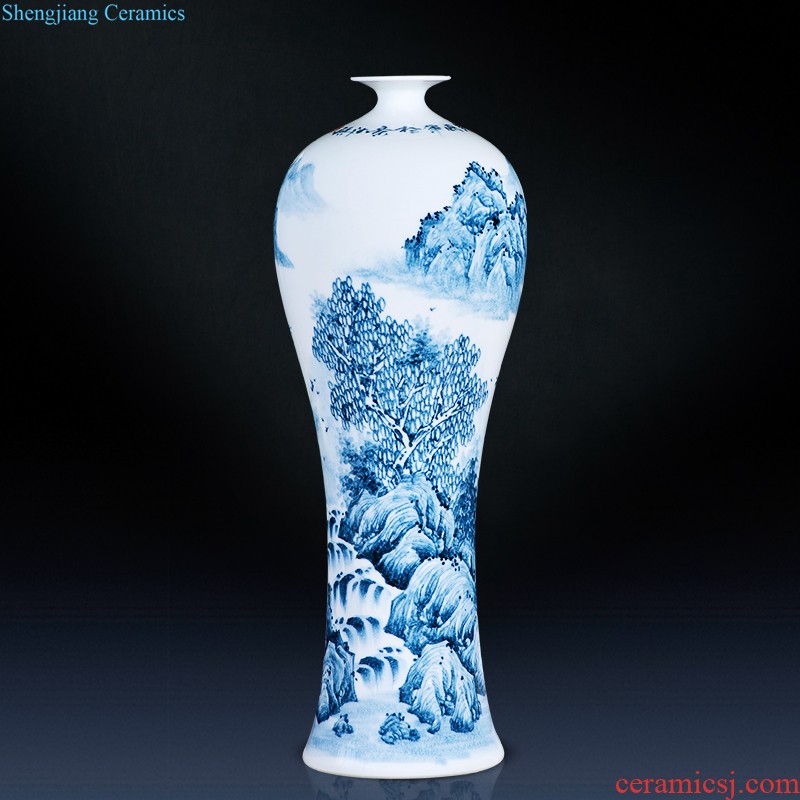 Jingdezhen ceramic vase landing large blue and white porcelain porcelain hand-painted Chinese style household adornment furnishing articles in the living room