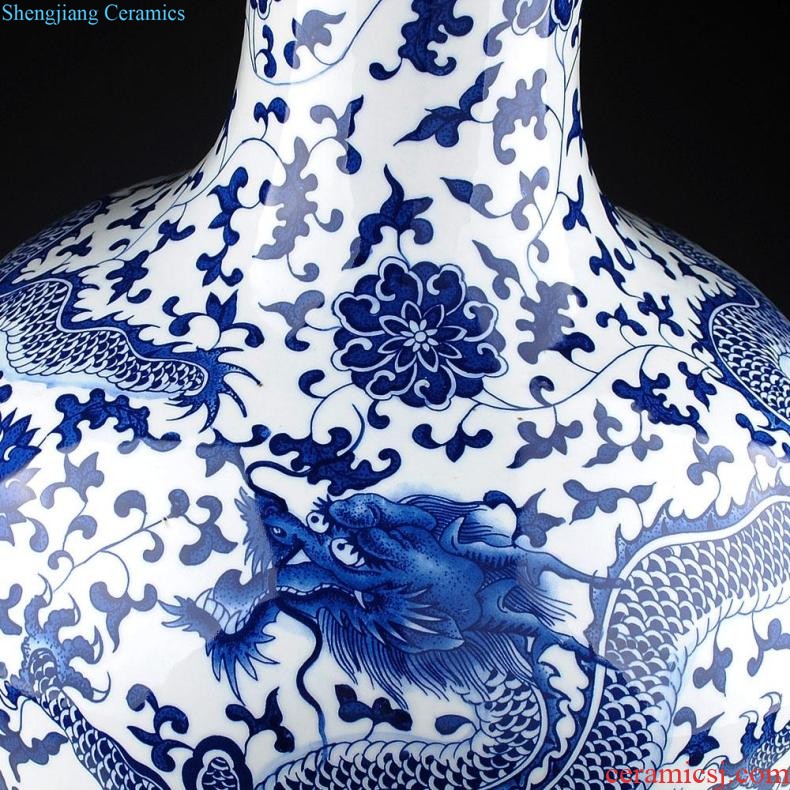 Jingdezhen ceramic vase landing large blue and white porcelain porcelain hand-painted Chinese style household adornment furnishing articles in the living room