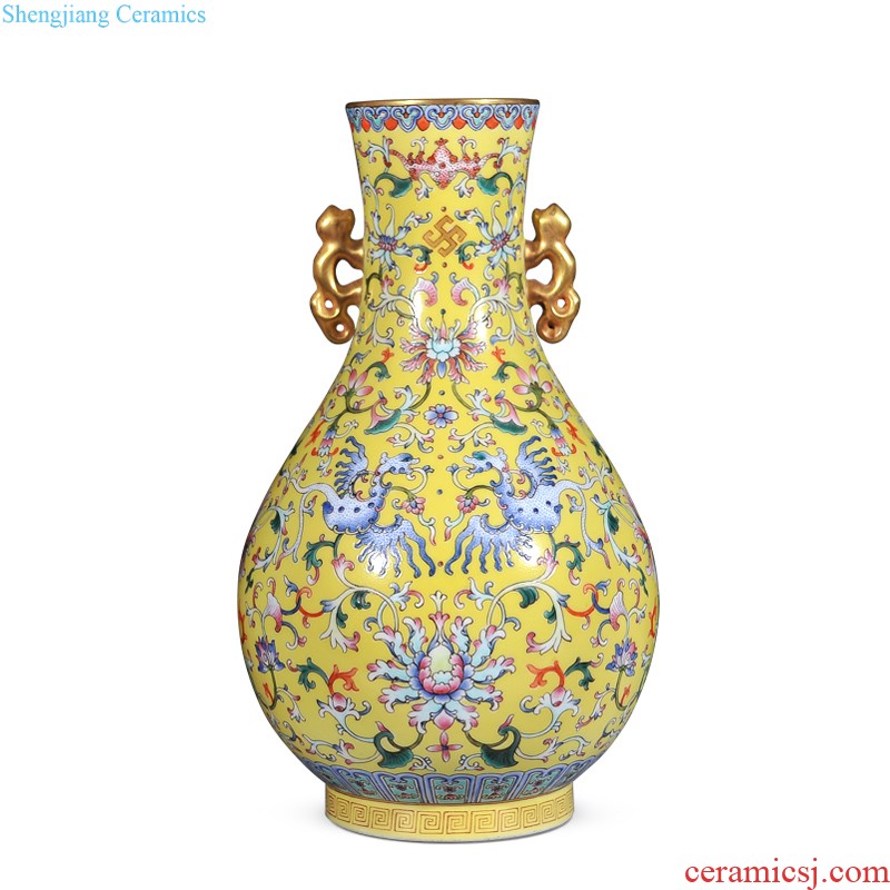 Jingdezhen ceramic imitation qing qianlong emperor kiln enamel around flowers hollow out grain double phoenix grain vase sitting room adornment is placed