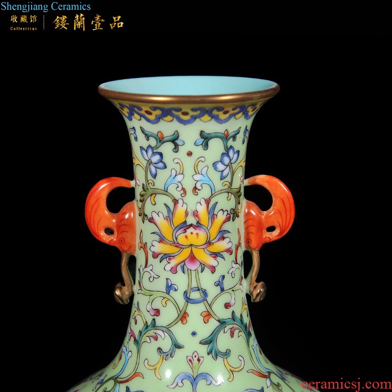 Imperial kiln jingdezhen ceramic imitation qing qianlong pastel green space around flowers happy character lines cover pot sitting room adornment is placed