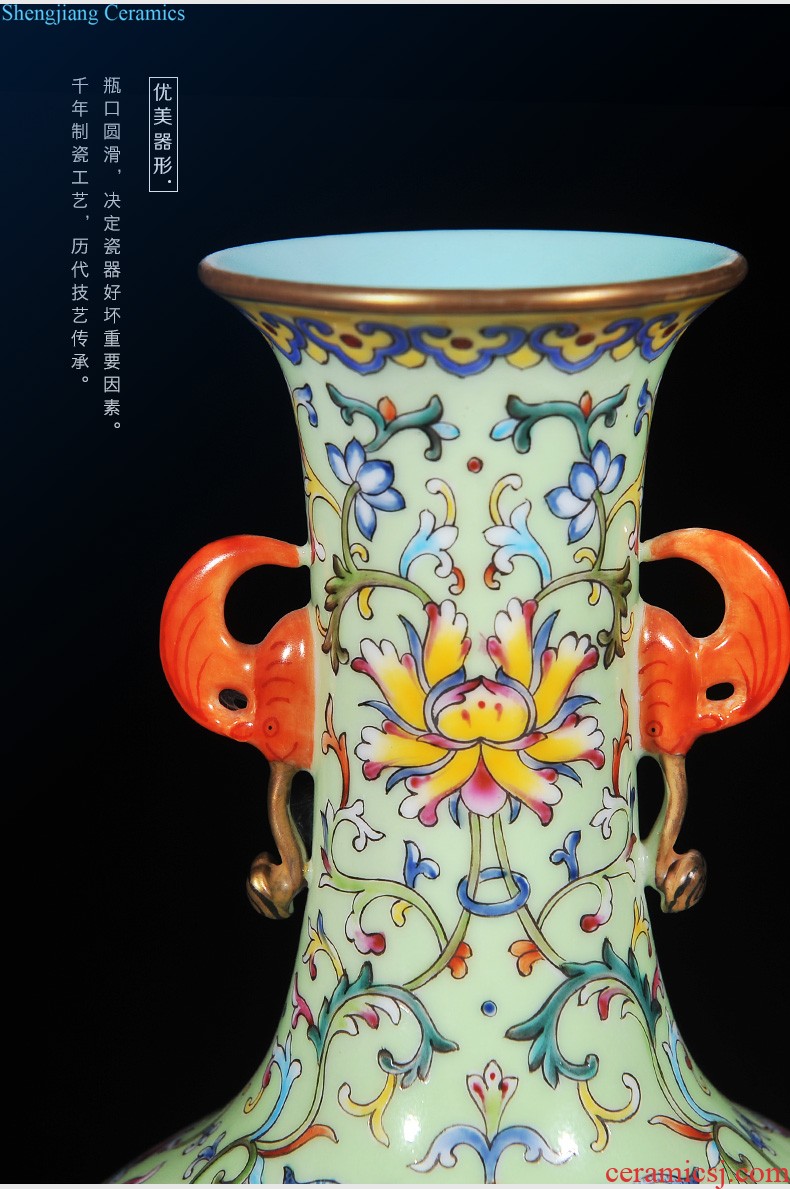 Imperial kiln jingdezhen ceramic imitation qing qianlong pastel green space around flowers happy character lines cover pot sitting room adornment is placed