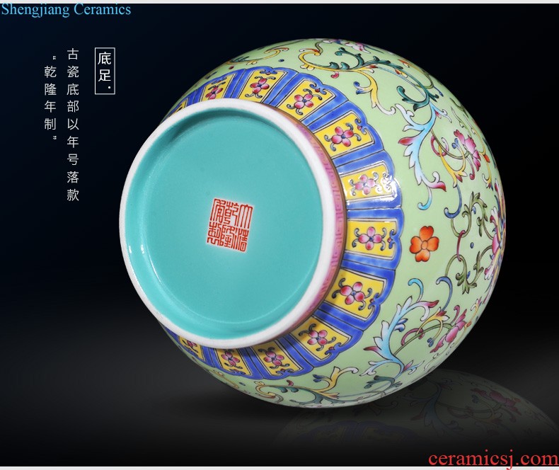 Imperial kiln jingdezhen ceramic imitation qing qianlong pastel green space around flowers happy character lines cover pot sitting room adornment is placed