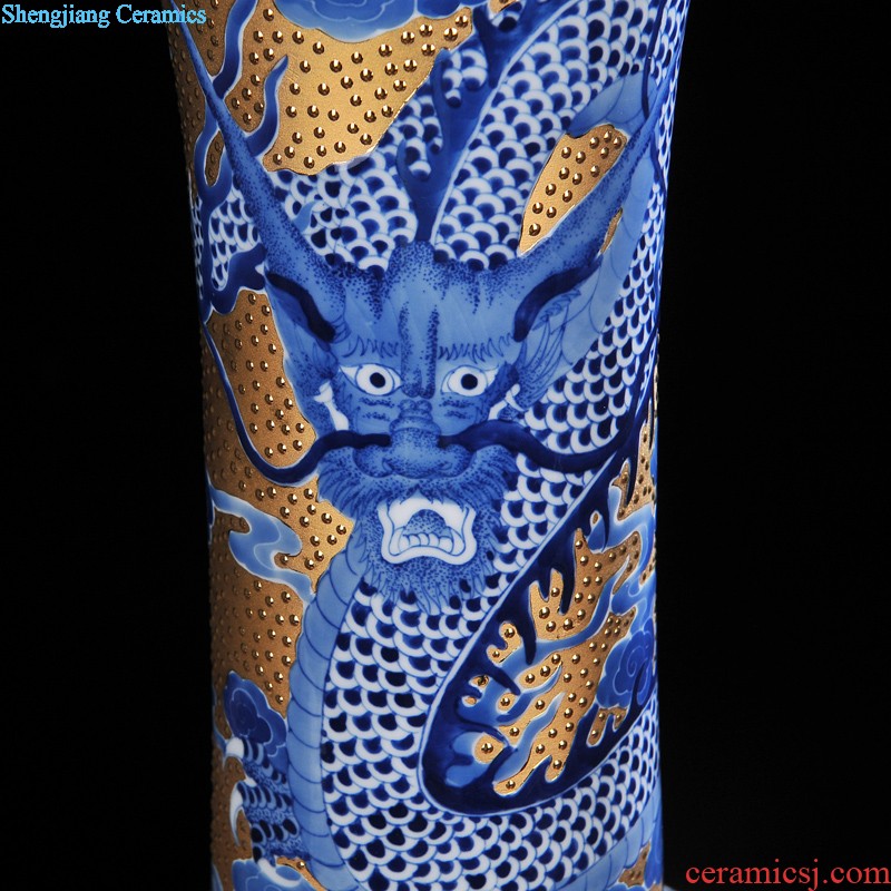 Jingdezhen ceramics Gold kirin blue and white porcelain vase spit bead Contemporary and fashionable sitting room adornment is placed process