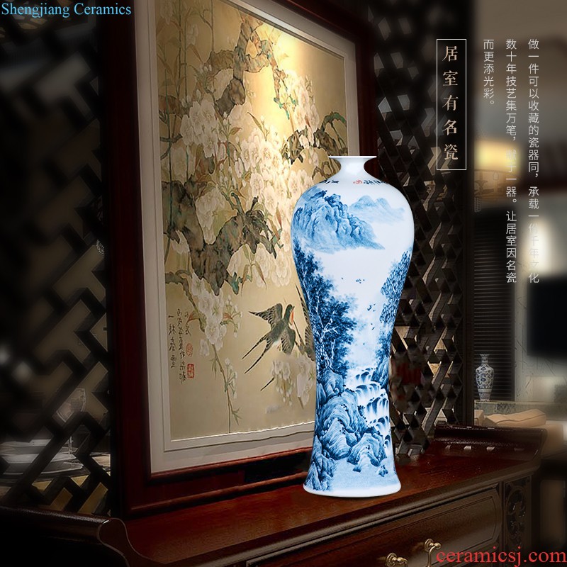 Jingdezhen ceramic vase landing large blue and white porcelain porcelain hand-painted Chinese style household adornment furnishing articles in the living room