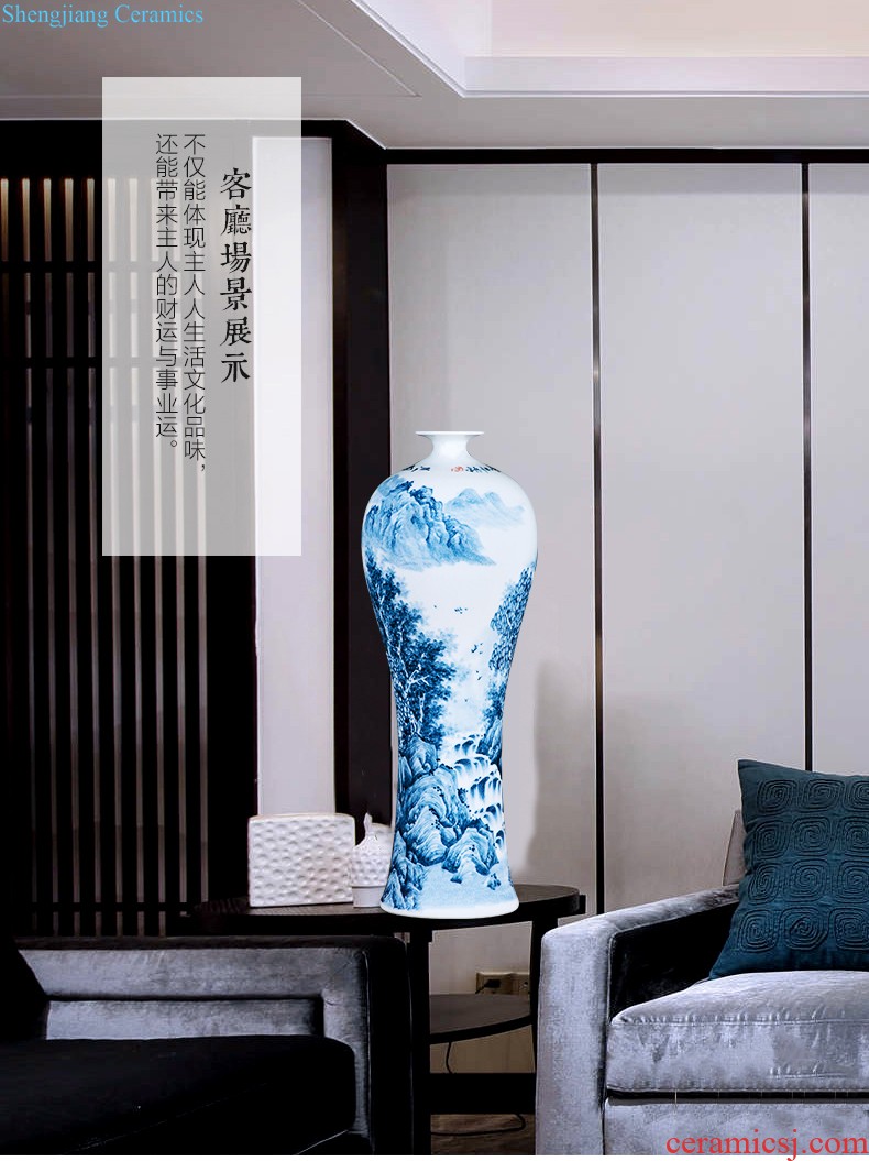 Jingdezhen ceramic vase landing large blue and white porcelain porcelain hand-painted Chinese style household adornment furnishing articles in the living room