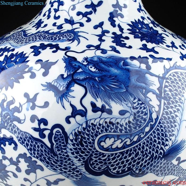 Jingdezhen ceramic vase landing large blue and white porcelain porcelain hand-painted Chinese style household adornment furnishing articles in the living room