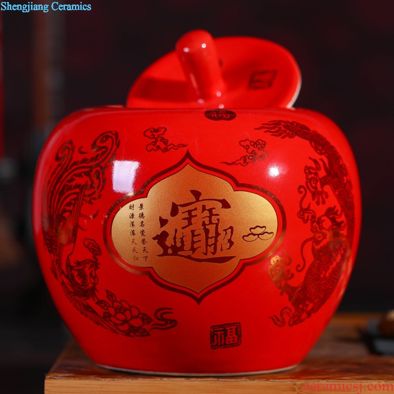 Jingdezhen ceramic pot red Chinese auspicious peony apple storage tank wedding gift sitting room adornment is placed