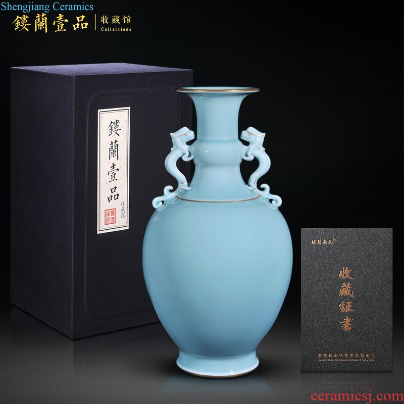 Jingdezhen ceramics imitation qing qianlong powder blue ear long belly big vase sitting room adornment of Chinese style household furnishing articles