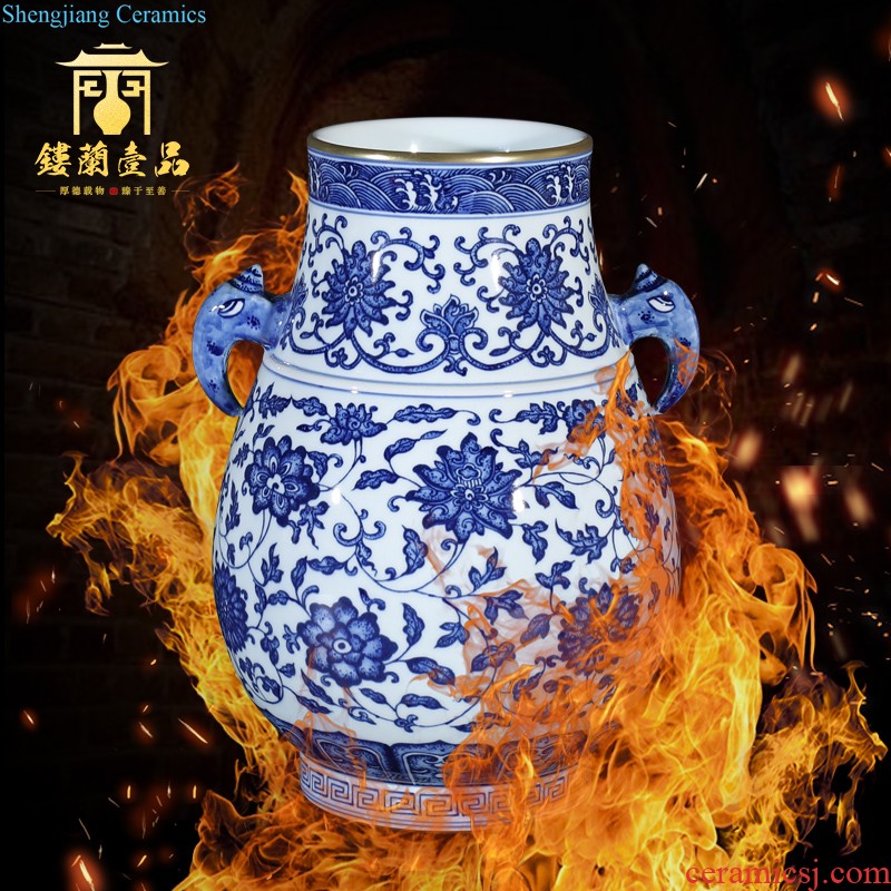 Jingdezhen ceramics imitation of yuan blue and white characters war large storage tank cover home sitting room adornment porcelain collection furnishing articles