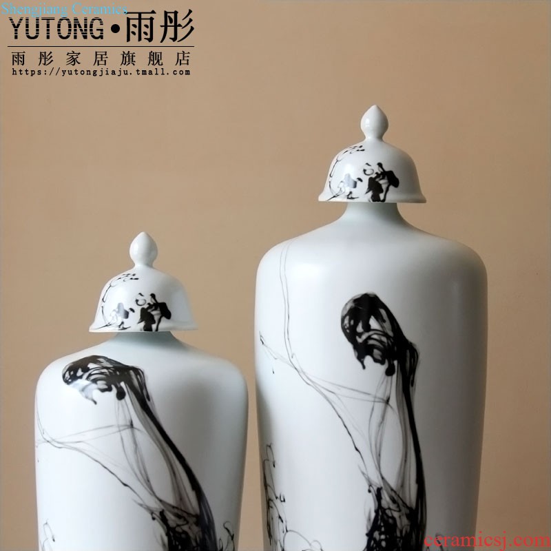 Jingdezhen ceramic furnishing articles hand-painted thick bamboo bird cover ceramic pot villa decoration floor vase